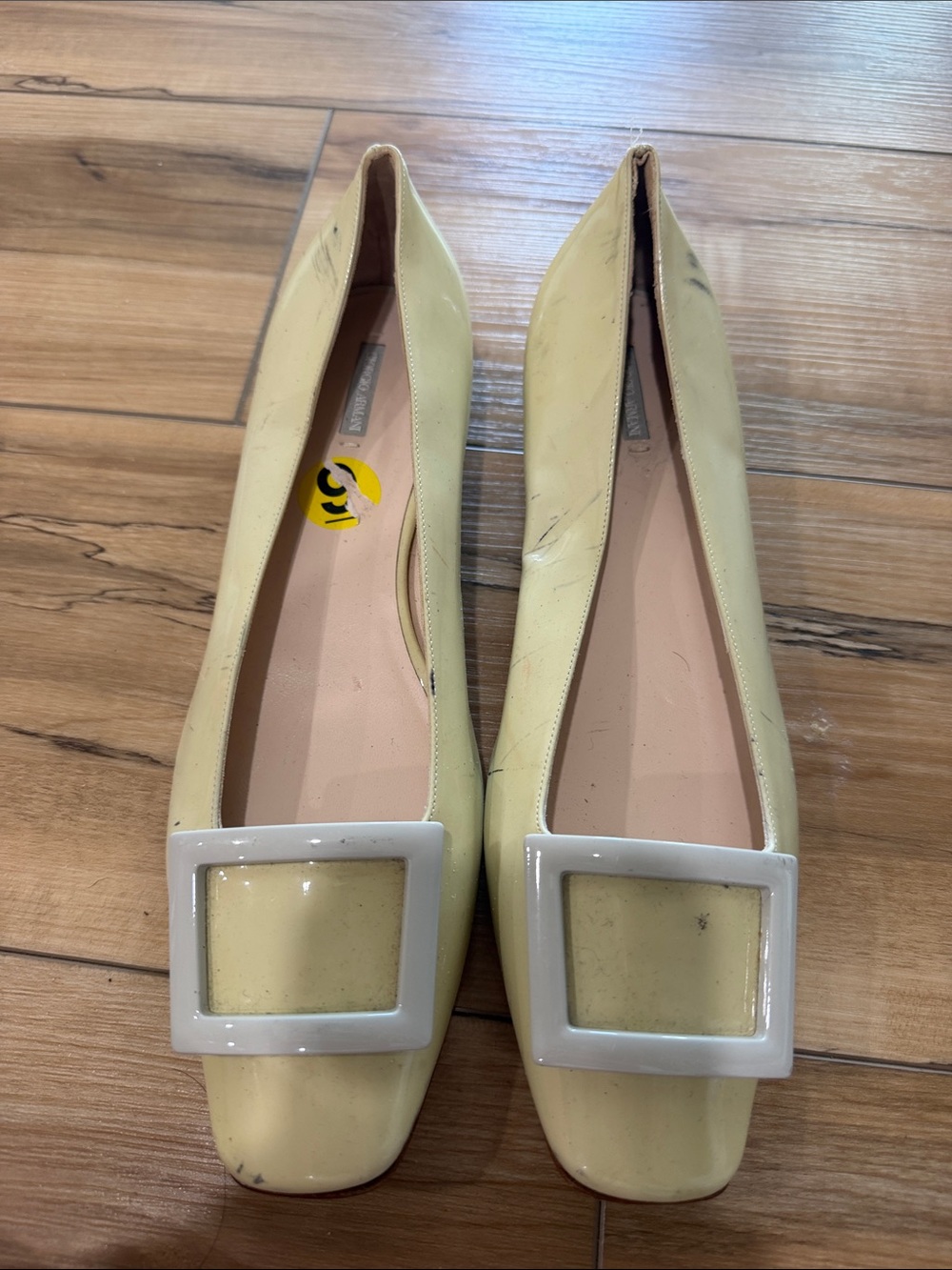 Giorgio Armani Lemon Patent Leather Square-Toe Flats with White Buckle